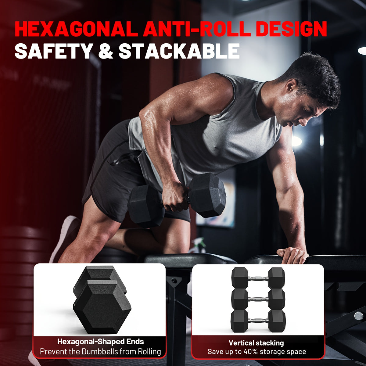 Hex Dumbbell Set by AMGYM, Rubber-Encased Strength Training Weights with Non-Slip Grip and 40-550 lb Set Options for Home Gym Workouts
