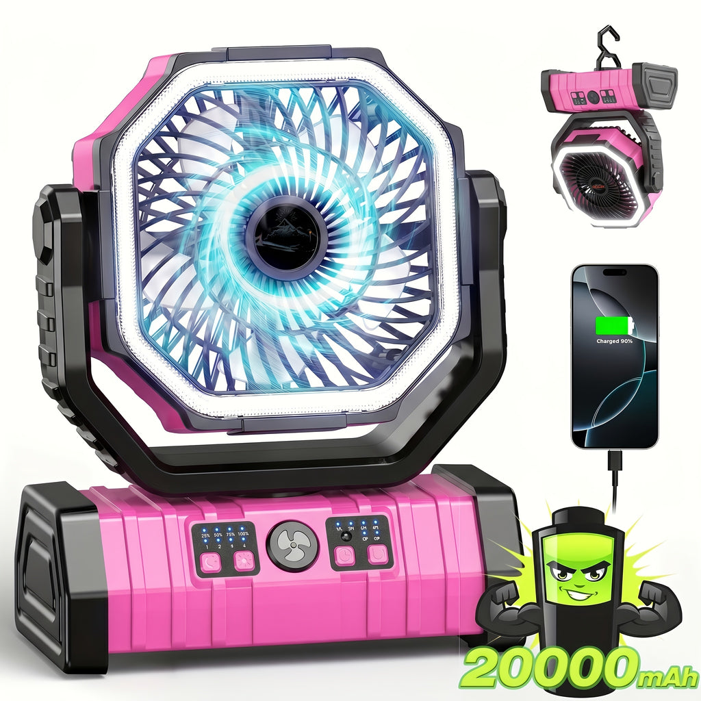 Pink Camping Fan and Lantern with Remote Control, Four Speeds, 45°/90° Oscillation and Timer, Rechargeable Tent Cooling with 20000mAh Option
