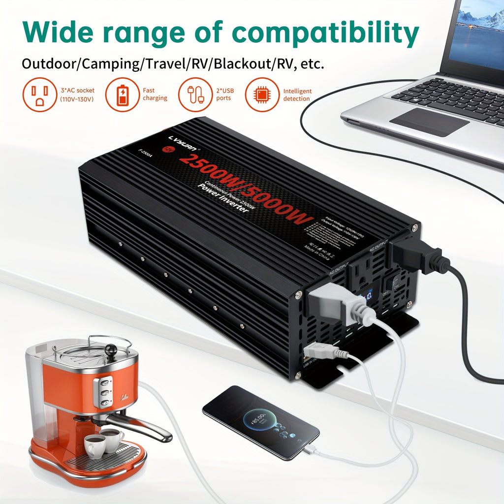 Portable Power Inverter, LVYUAN 12V DC to 110V/120V AC Converter with 500W or 2500W Options, 3 AC Outlets, Dual USB Ports and LED Display