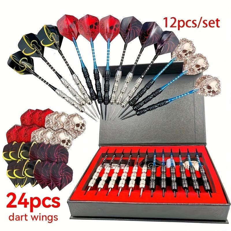 Metal Tip Darts Gift Set with Aluminum Alloy Shafts and Skull Flights, Boxed 6 or 12 Body Options with Extra Flights for Adult Indoor Game Nights