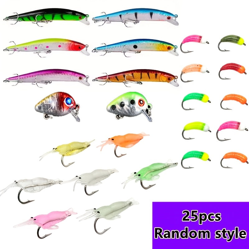 25-Piece Random Fishing Lure Set with Listed Mealworm, Shrimp and Mixed Hard Bait Styles for Bass, Sea Bass and Salmon in Freshwater and Saltwater