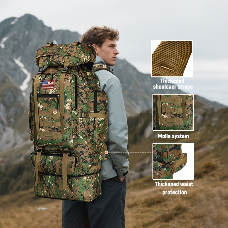 100L Tactical Backpack for Hiking and Travel, Large-Capacity Outdoor Pack with Multiple Compartments and Shoulder Straps in Green, Gray or Desert