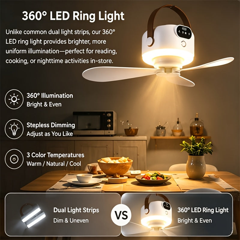 Tent Ceiling Fan with LED Illumination, Rechargeable Portable Camping Fan with 3 Removable Blades and 3 Speeds for RVs, Gazebos and Dorm Rooms