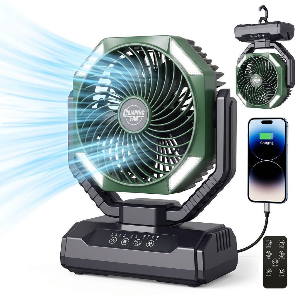 Rechargeable Tent Fan with 20000mAh Battery, Four Speeds, Remote Control and Hanging Hook for Camping, Beach Days and Outdoor Cooling