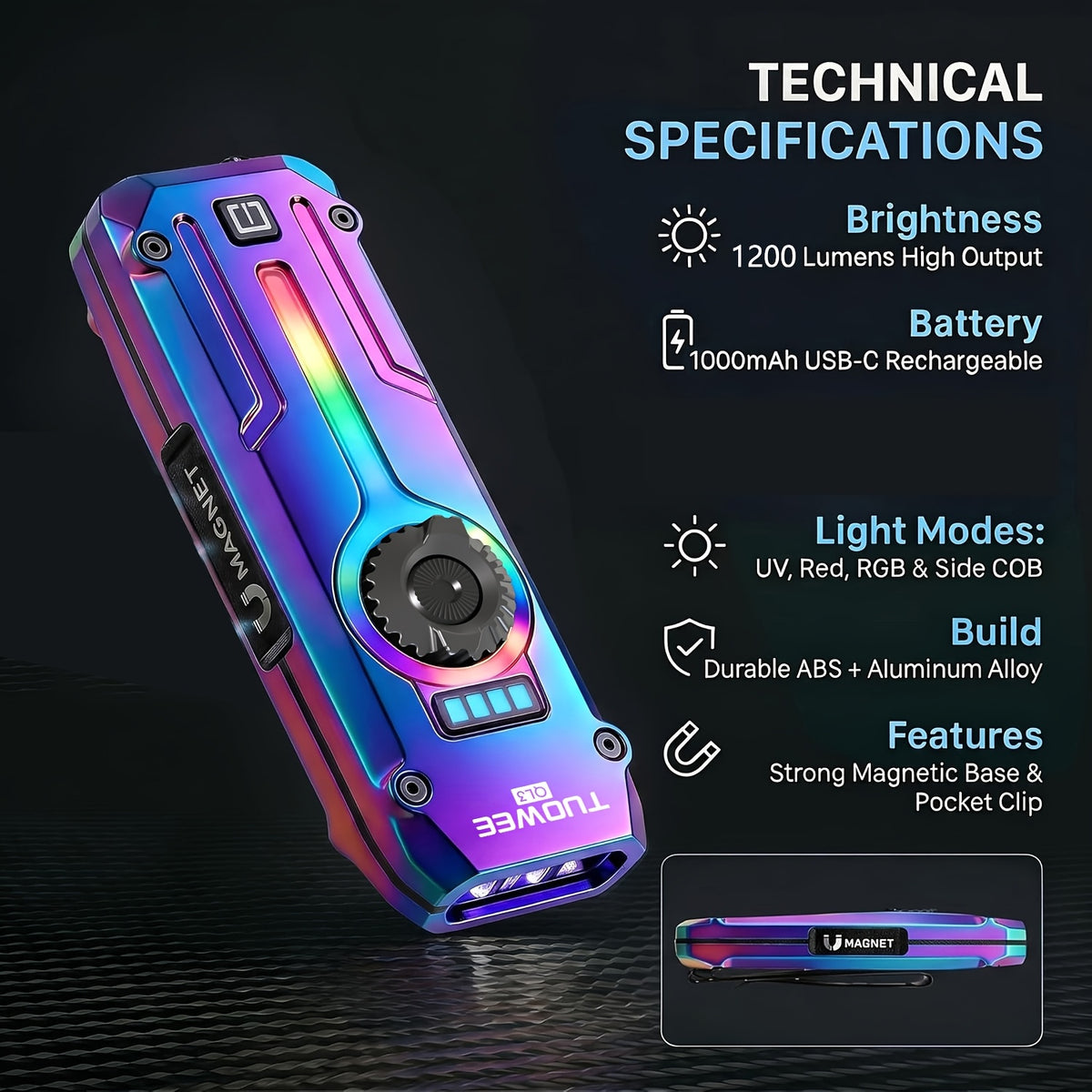 7-in-1 LED Flashlight with Listed 1200LM Output, UV Light, Laser Pointer, RGB Ambient Lighting, Magnetic Base and USB-C Rechargeable Design