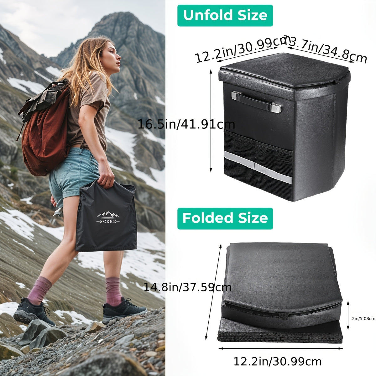 XL Camping Toilet for Adults, 16.5-Inch Tall Portable Potty with Lid and Carry Bag, Black Side Mesh Pocket and Handle for Outdoor Trips