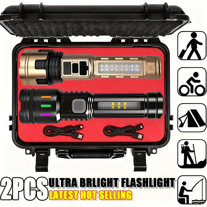2-Piece Rechargeable LED Flashlight Set with Zoomable Beam and Carry Case