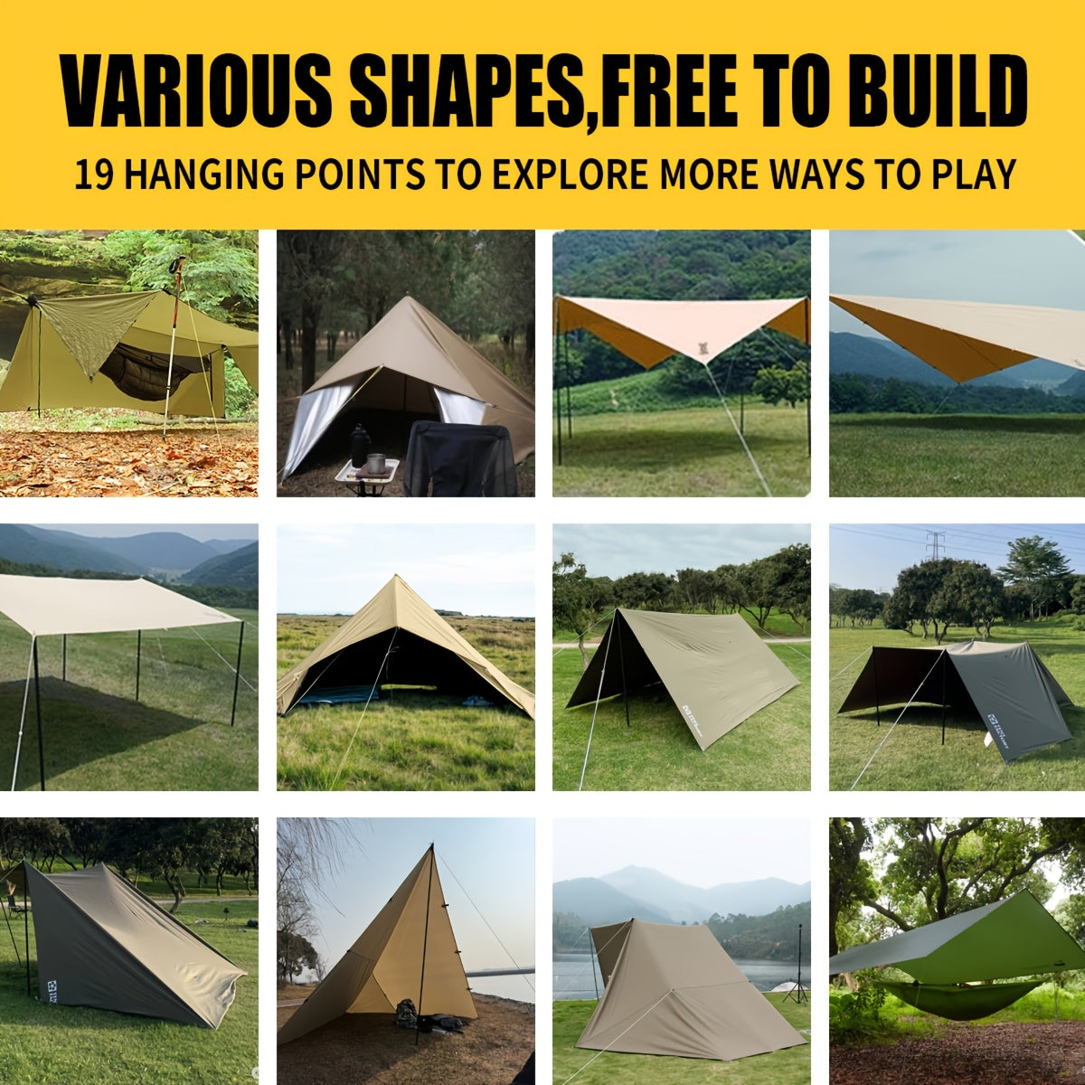 Multi-Point Camping Tarp Shelter for Outdoor Shade and Hammock Cover, 300 x 300 or 300 x 400 cm Options with 6 or 19 Hanging Points