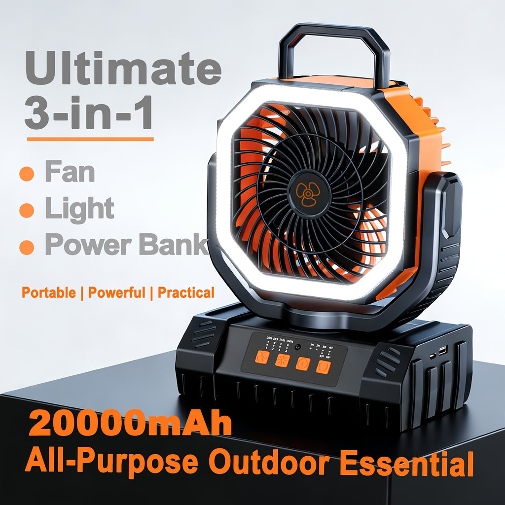 3-in-1 Camping Fan with Dimmable LED Tent Light and 20000mAh Power Bank, Four-Speed Portable Fan with 360-Degree Adjustment for Campsite and Backyard Use