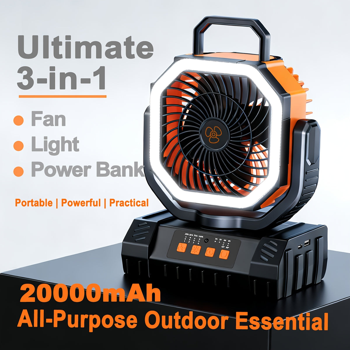 3-in-1 Camping Fan with Dimmable LED Tent Light and 20000mAh Power Bank, Four-Speed Portable Fan with 360-Degree Adjustment for Campsite and Backyard Use