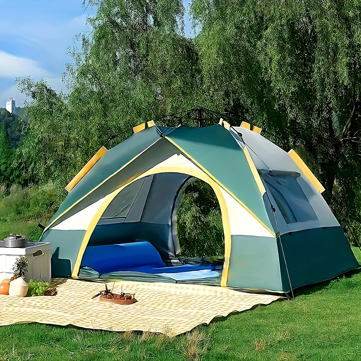4-Person Pop-Up Camping Tent with Insect Net and Zipper Closure, Automatic Outdoor Sunshade Shelter in White and Green Color Options