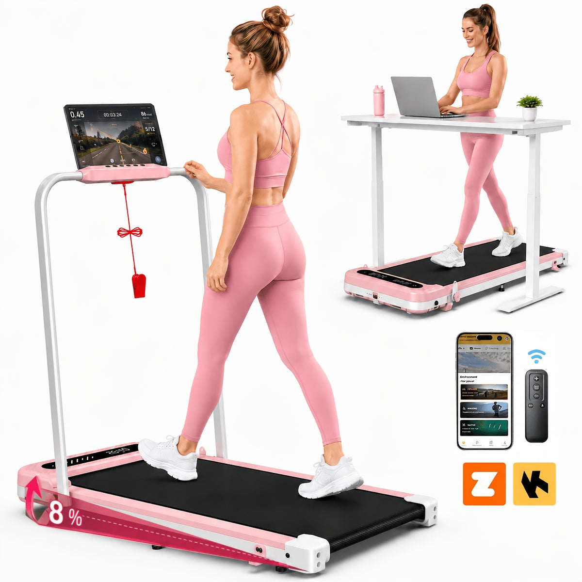2-in-1 Foldable Treadmill with Incline, 350 lb Listed Capacity Under-Desk Fitness Equipment with LED Display and KINOMAP App for Small Spaces