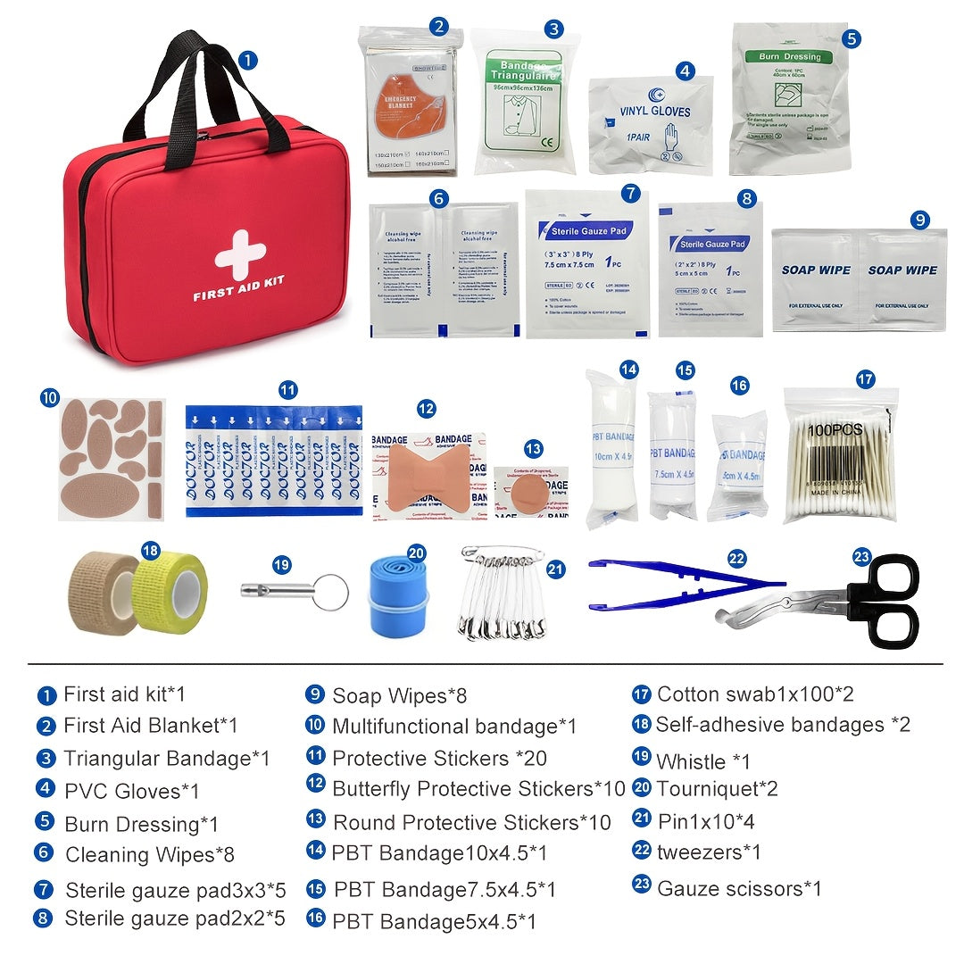 338-Piece First Aid Kit in Red, Compact Emergency Preparedness Supply Set with Listed Waterproof Design for Home, Office and Car Storage