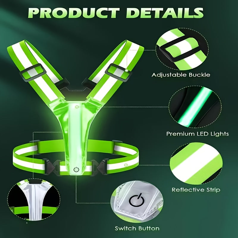 3-Mode LED Reflective Running Vest in Green, Adjustable Light Up Visibility Gear for Men and Women Walking, Jogging and Cycling