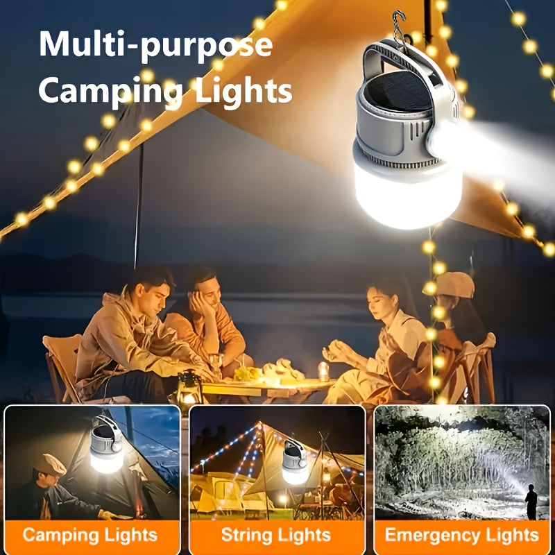 6-Mode Solar Camping Light with USB-C Charging, Hanging Hook and Battery Display, Portable Rechargeable LED Lamp with Phone Backup Power