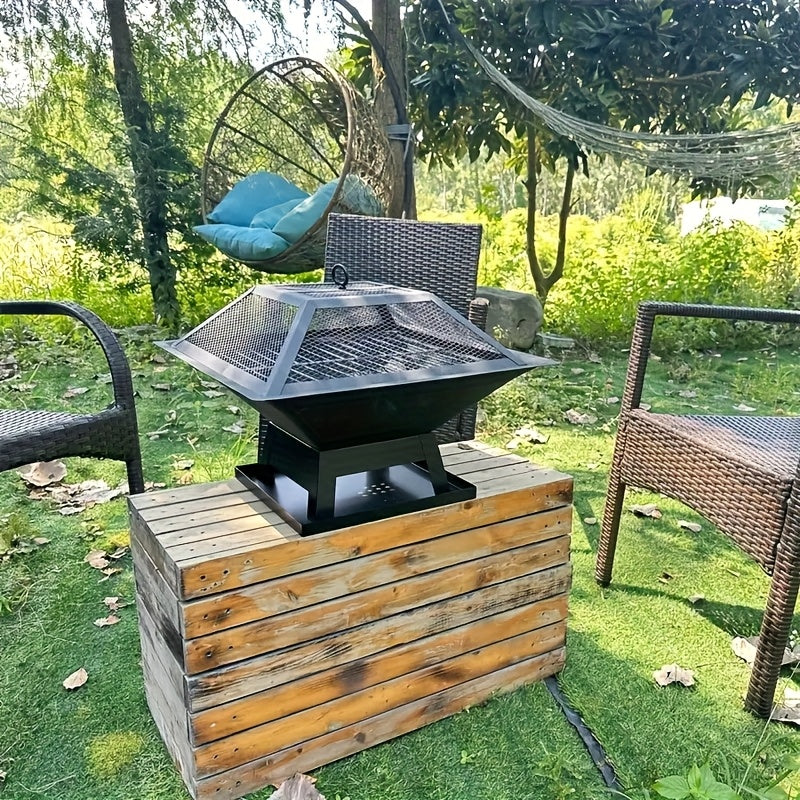 Outdoor Iron Fire Pit 18.5 Inch in Black, Heavy-Duty Lacquered Backyard and Camping Fire Bowl with Combustion Grate, Ash Collector and Charcoal Hook