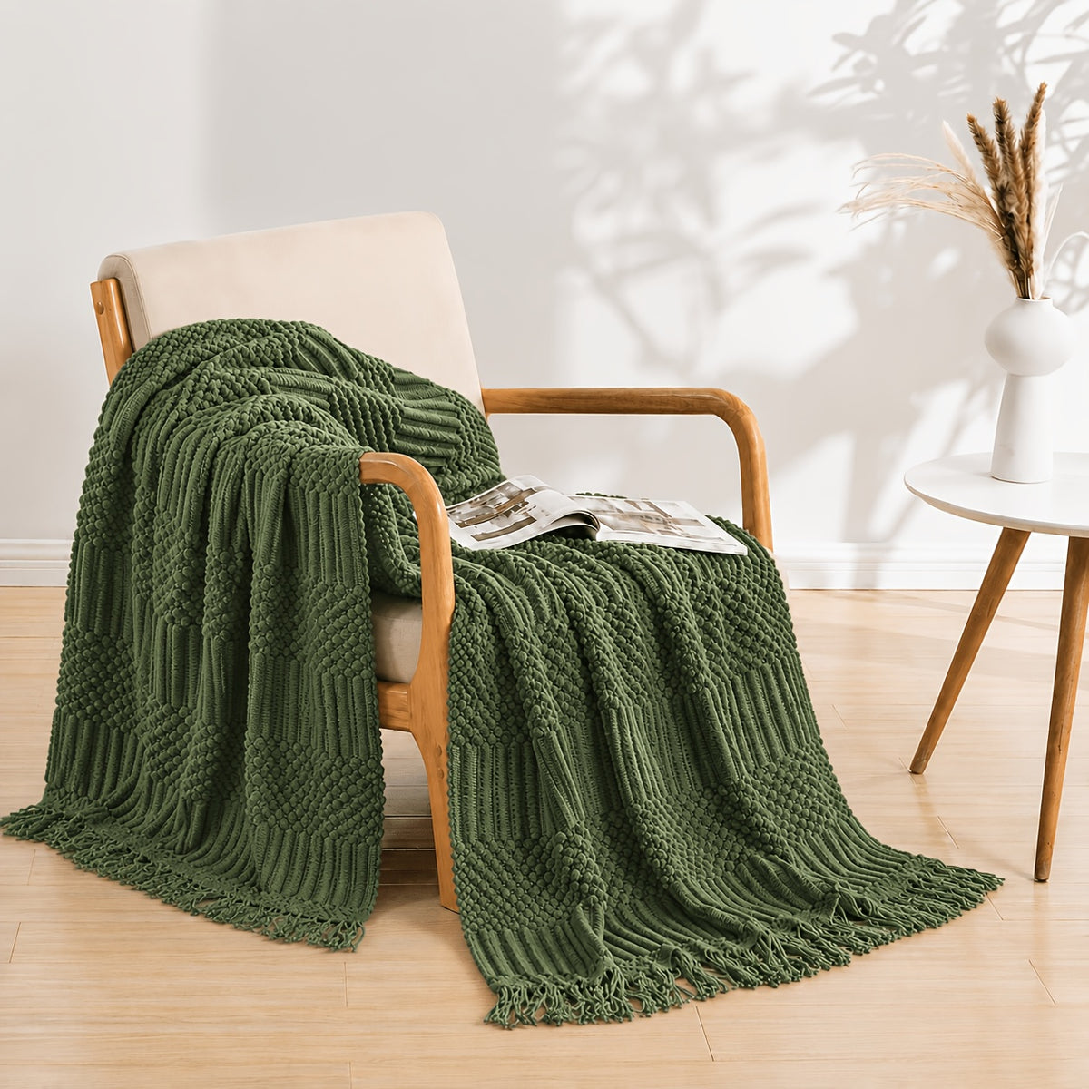 Waffle Knit Throw Blanket with Tassel Fringe for Sofa, Bed or Outdoor Lounging, Lightweight Boho Accent in Khaki, Beige and Green Options