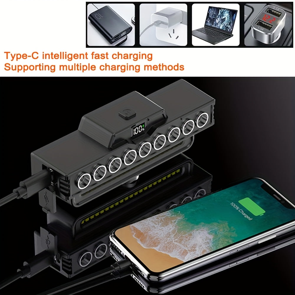 Bicycle Front Light with Digital Display, 9 LEDs and 7 Lighting Modes, USB Rechargeable 4000mAh Headlight with Set Option for Night Riding