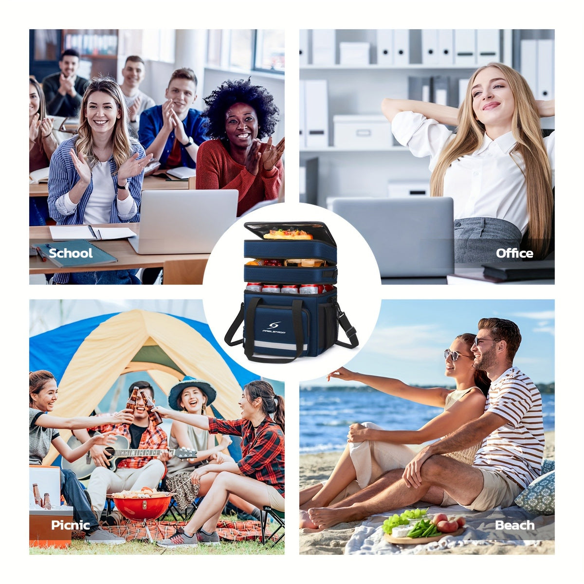 Triple-Compartment Insulated Lunch Bag, 19L Leakproof Cooler Tote with Detachable Shoulder Strap for Men and Women, Work Meals, Travel and Picnics