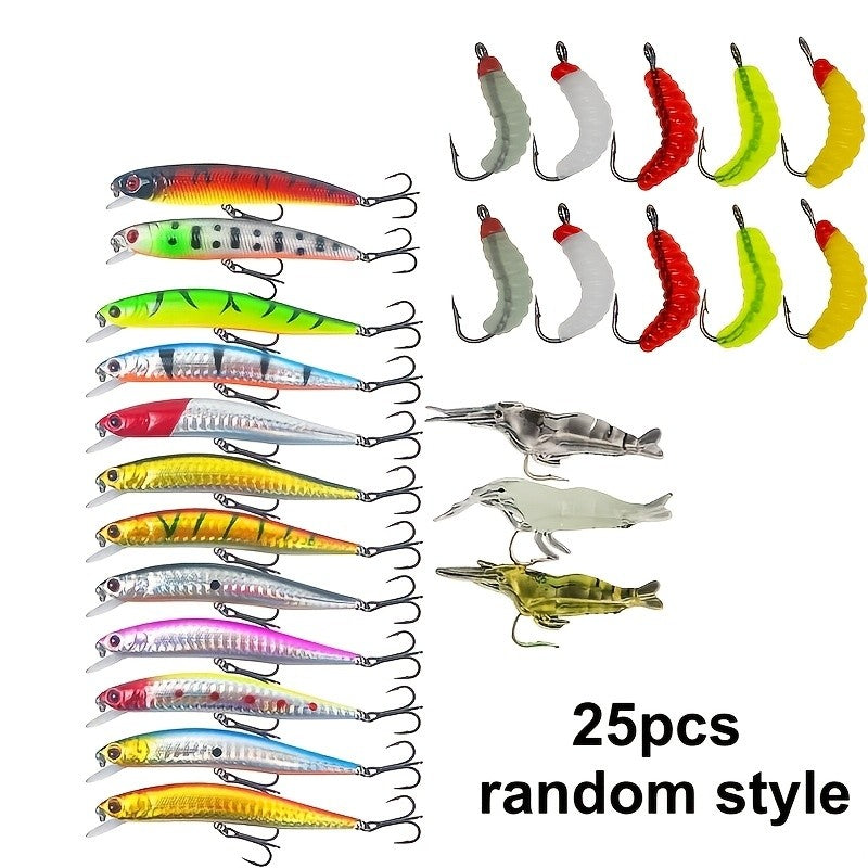 25-Piece Random Fishing Lure Set with Listed Mealworm, Shrimp and Mixed Hard Bait Styles for Bass, Sea Bass and Salmon in Freshwater and Saltwater
