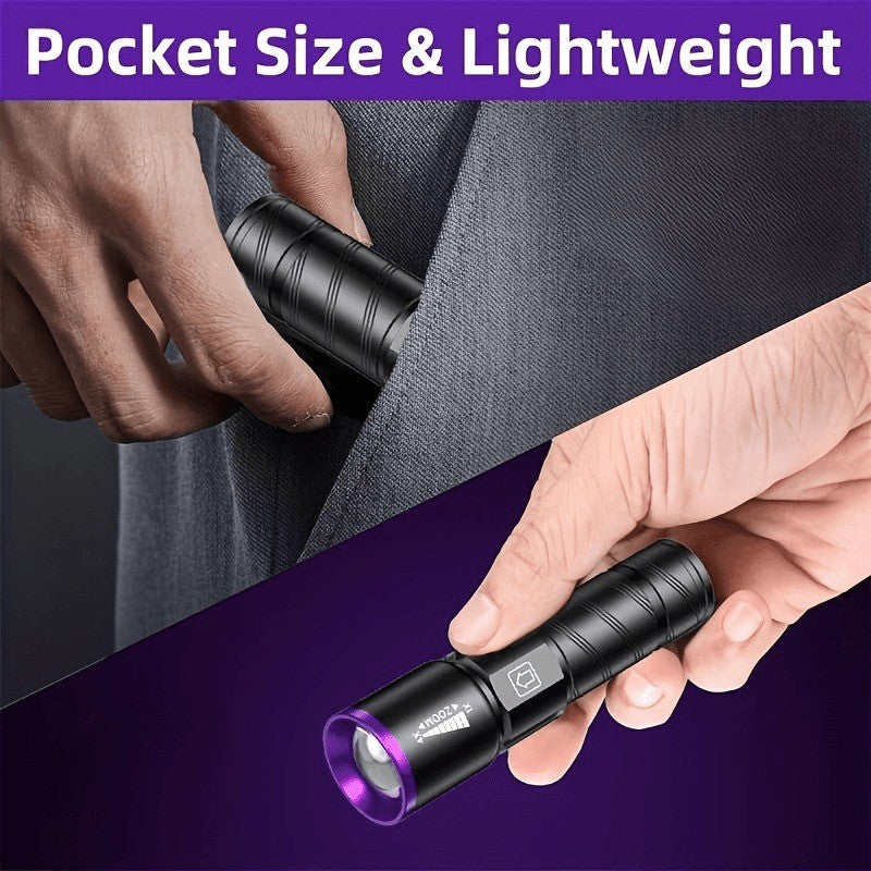 395nm UV Blacklight Flashlight with Adjustable Zoom, USB Rechargeable Aluminum Body and 3 Modes for Fluorescent Stain and Mineral Inspection