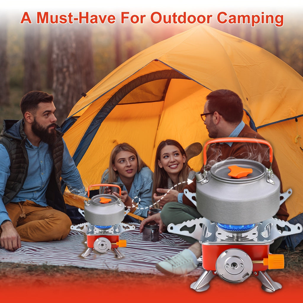 Mini Butane Camping Stove with Folding Supports and Adjustable Flame, Palm-Sized Red Portable Gas Burner for Hiking, Picnics and Outdoor Cooking