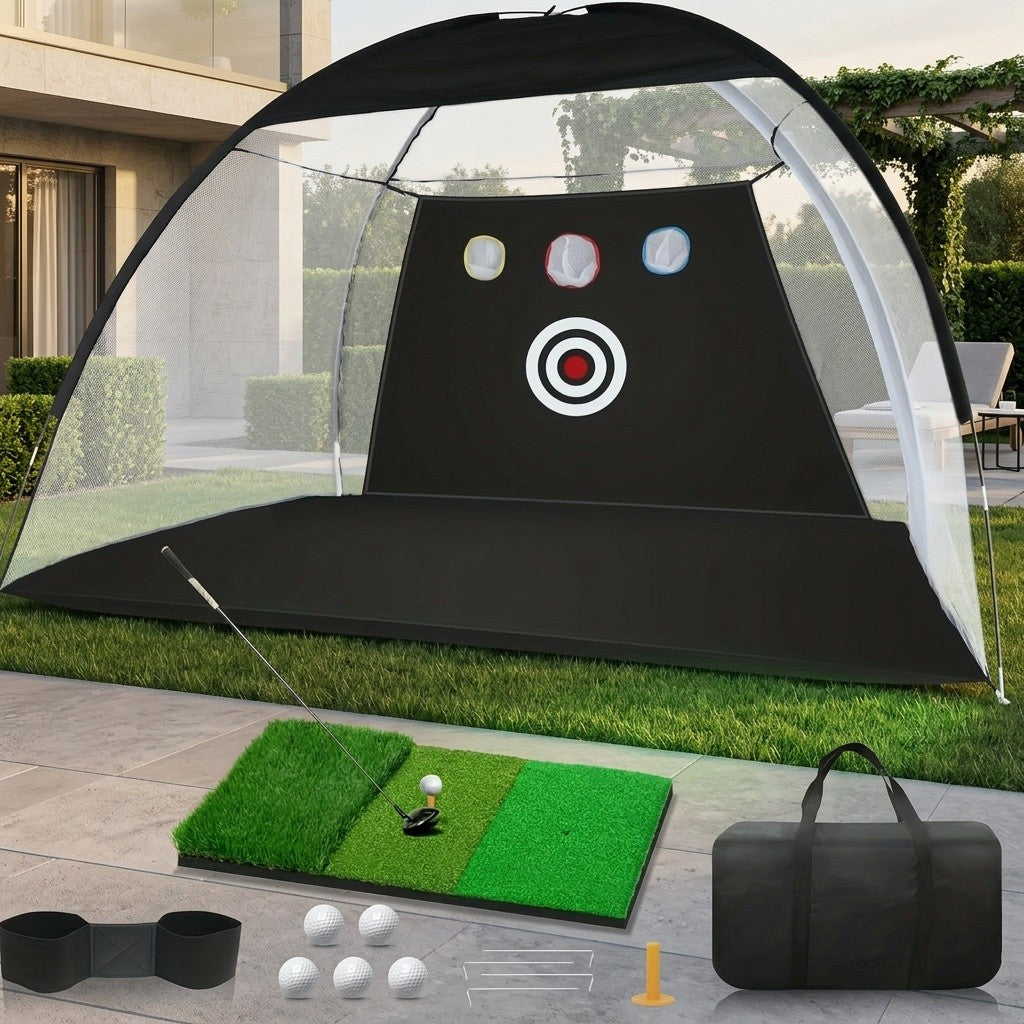 Golf Hitting Net Set 10 x 7 ft with Training Mat, Target and Storage Bag, Indoor Outdoor Practice Setup for Backyard and Home Workout Equipment