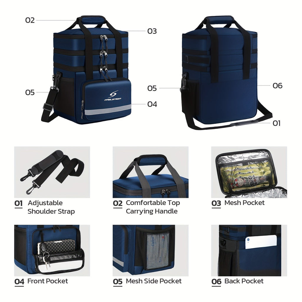 Triple-Compartment Insulated Lunch Bag, 19L Leakproof Cooler Tote with Detachable Shoulder Strap for Men and Women, Work Meals, Travel and Picnics