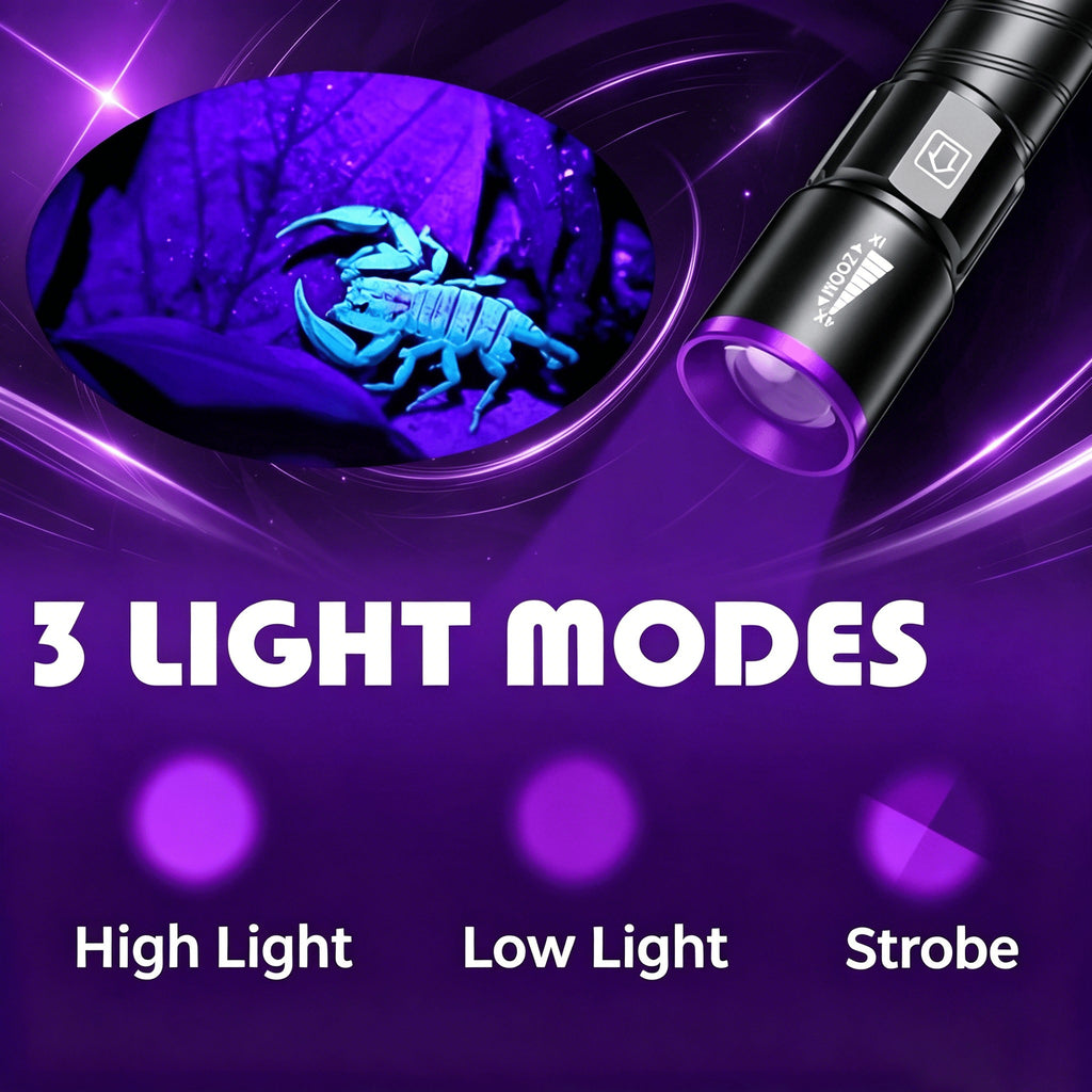 395nm UV Blacklight Flashlight with Adjustable Zoom, USB Rechargeable Aluminum Body and 3 Modes for Fluorescent Stain and Mineral Inspection