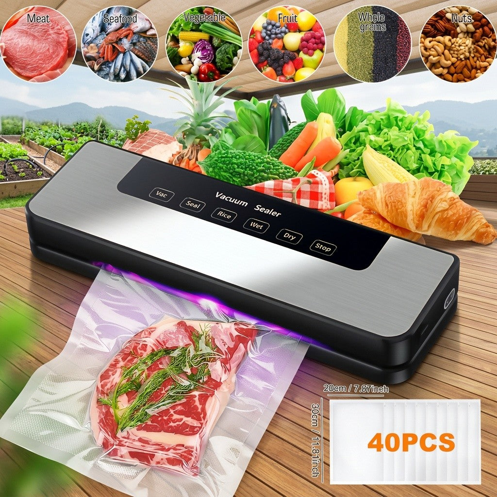 65kPa Food Vacuum Sealer with Wet and Dry Modes, 40 Storage Bags and External Vacuum Hose for Home Kitchen Portion Packing and Camping Meal Prep