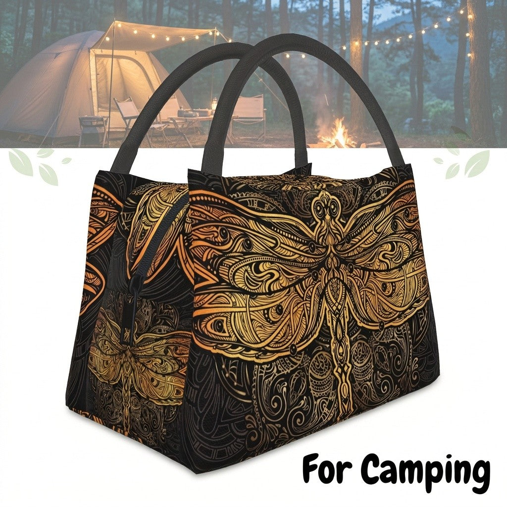 Mandala Dragonfly Insulated Cooler Bag, Reusable 11 x 6.5 x 7 Inch Lunch Carrier for Office Meals, Picnics, Beach Outings and Everyday Use