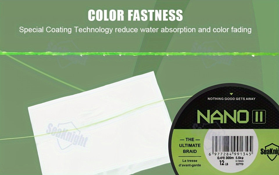 Braided Fishing Line by SeaKnight Nano II, 4-Strand PE Line in 110 or 327 Yard Options, 7–15 lb Listed Tests and Green or Yellow Colors