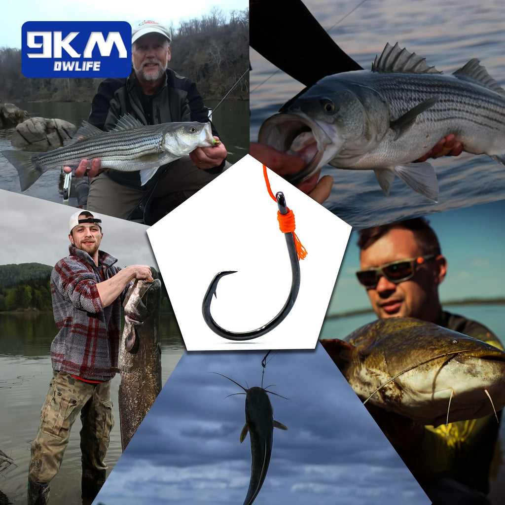 Circle Fishing Hooks 50-Pack by 9KM, High-Carbon Steel Inline Non-Offset Wide-Gap Bait Hooks in Selectable Sizes for Catfish, Bass and Saltwater Angling