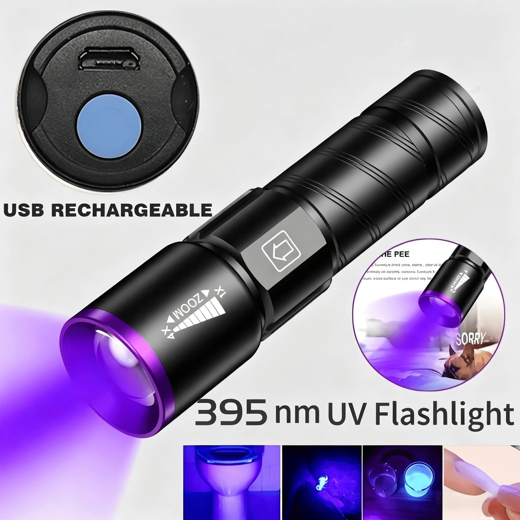 395nm UV Blacklight Flashlight with Adjustable Zoom, USB Rechargeable Aluminum Body and 3 Modes for Fluorescent Stain and Mineral Inspection
