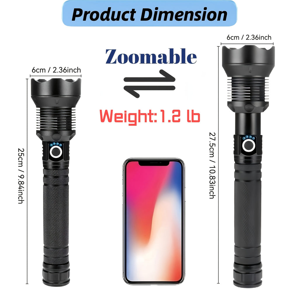 6000mAh Rechargeable LED Flashlight with Type-C Charging, Aluminum Alloy Tactical Work Light with Adjustable Spotlight and Floodlight Focus for Outdoor Tasks