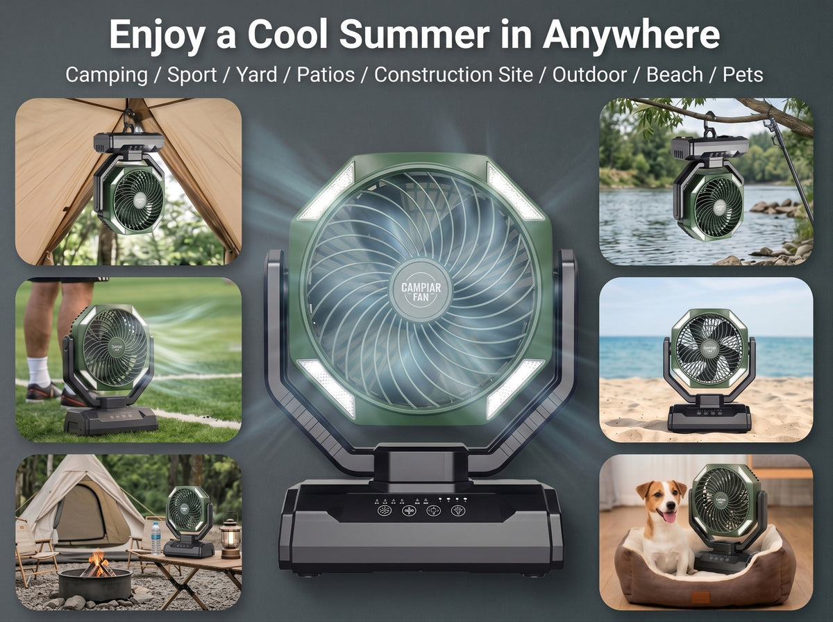 Rechargeable Tent Fan with 20000mAh Battery, Four Speeds, Remote Control and Hanging Hook for Camping, Beach Days and Outdoor Cooling