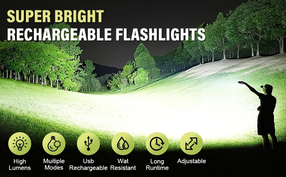 6000mAh Rechargeable LED Flashlight with Type-C Charging, Aluminum Alloy Tactical Work Light with Adjustable Spotlight and Floodlight Focus for Outdoor Tasks