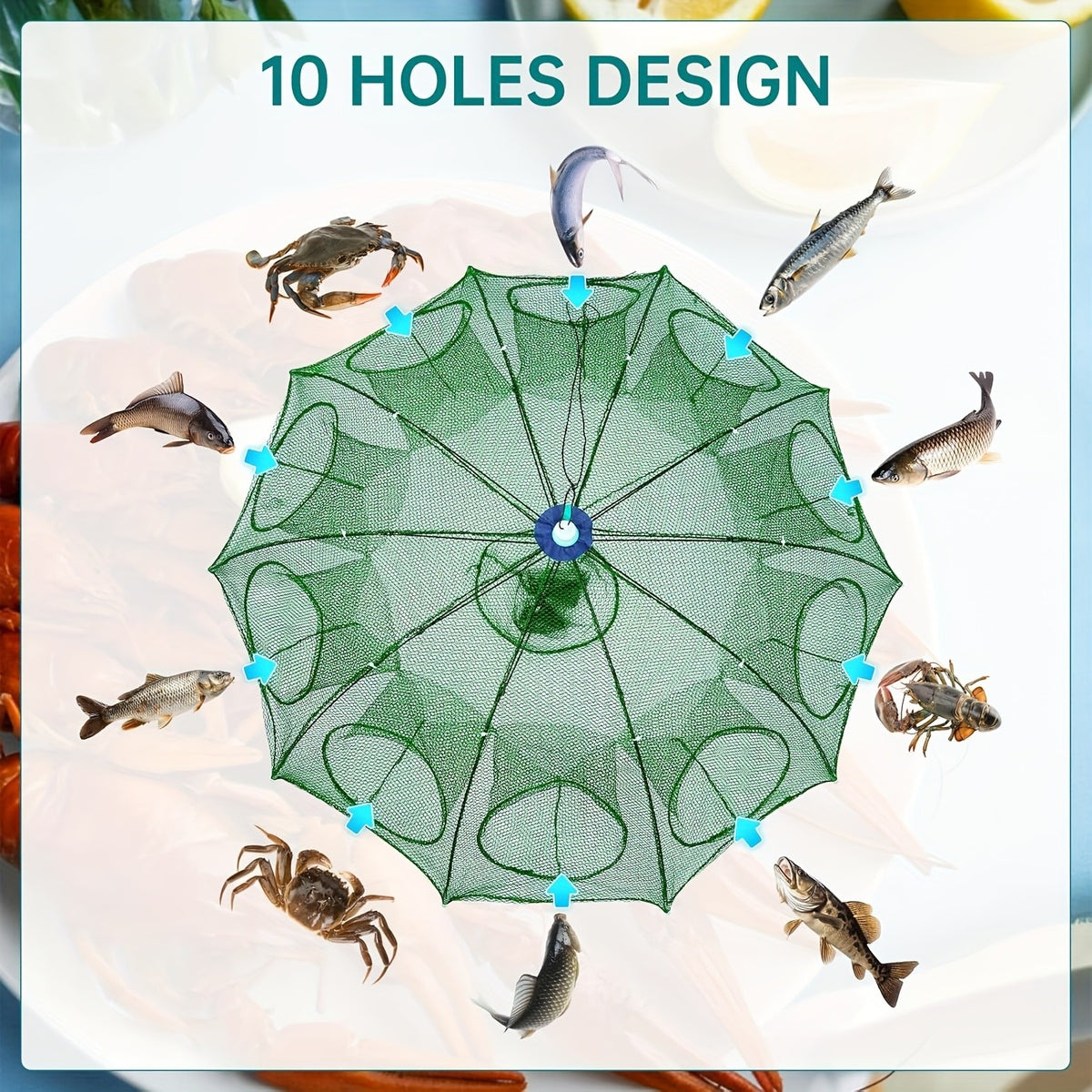 10-Hole Foldable Fishing Trap Net for Crab, Shrimp and Fish, Portable Mesh Catching Gear for Freshwater and Saltwater Anglers, 1 Piece