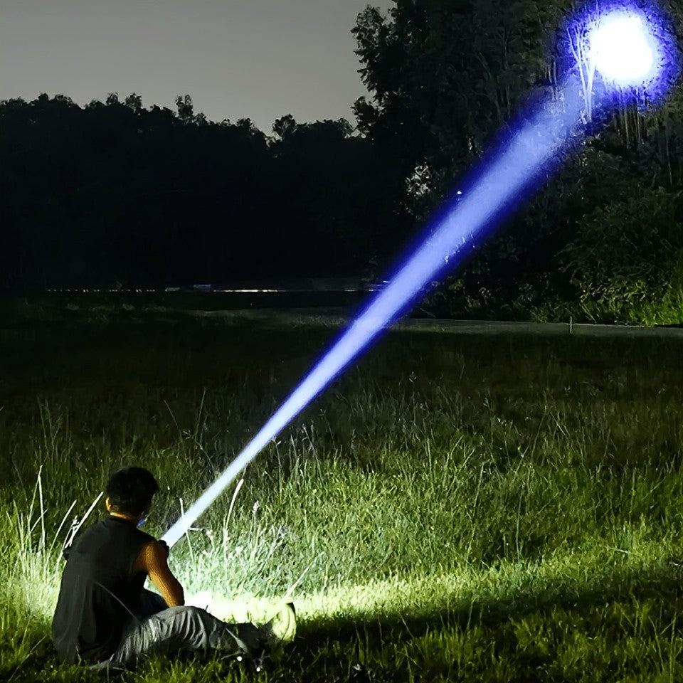 5-Mode Rechargeable LED Flashlight with Digital Power Display, Zoomable Aluminum Alloy Handheld Torch in Green with Hanging Strap and Lithium Battery