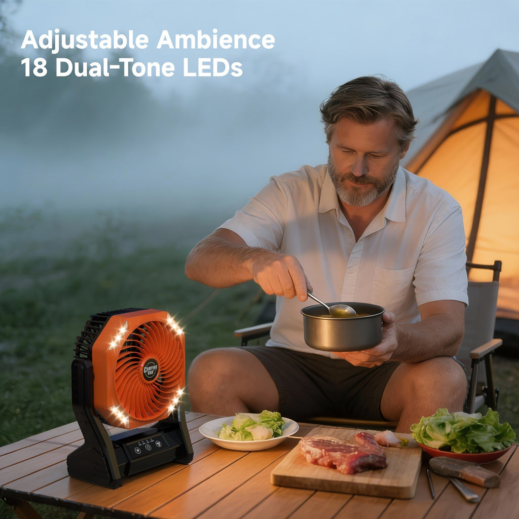 Portable Outdoor Desk Fan with LED Light, Camping Cooling Gear with Orange, Green, Black, Gray and Pink Color and Model Options