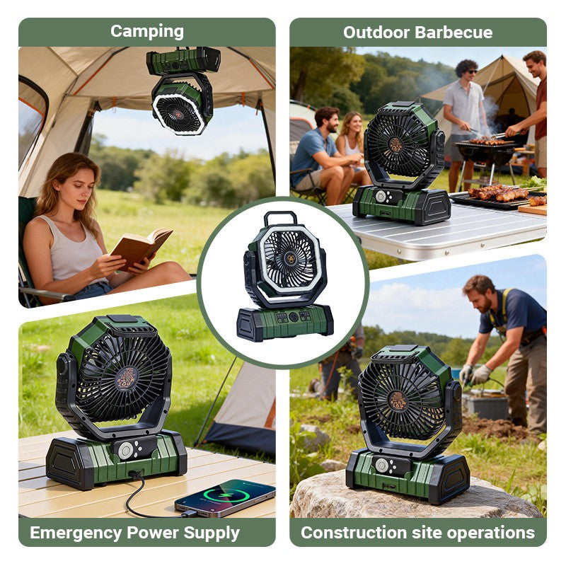 4-Speed Camping Fan with 20000mAh Battery, USB-C Charging and 16 LED Lights, Portable 90-Degree Rotating Tent Fan with Device Charging Outputs