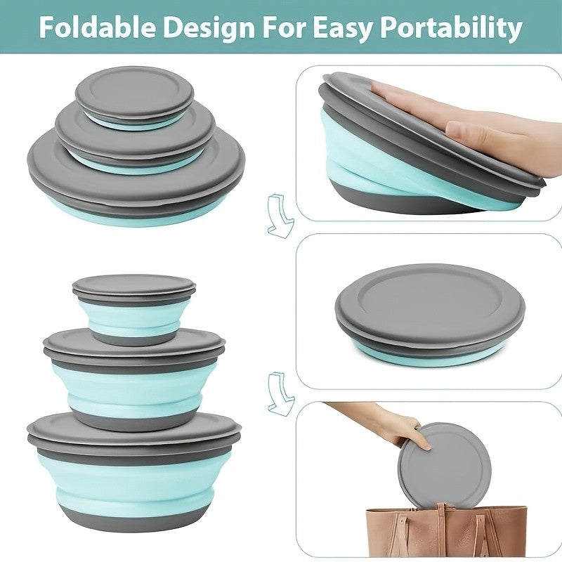 Foldable Camping Bowls with Lids, 3-Piece Silicone Food Container Set with Folding Utensils and Storage Bag for Picnic Salads and Packed Lunches