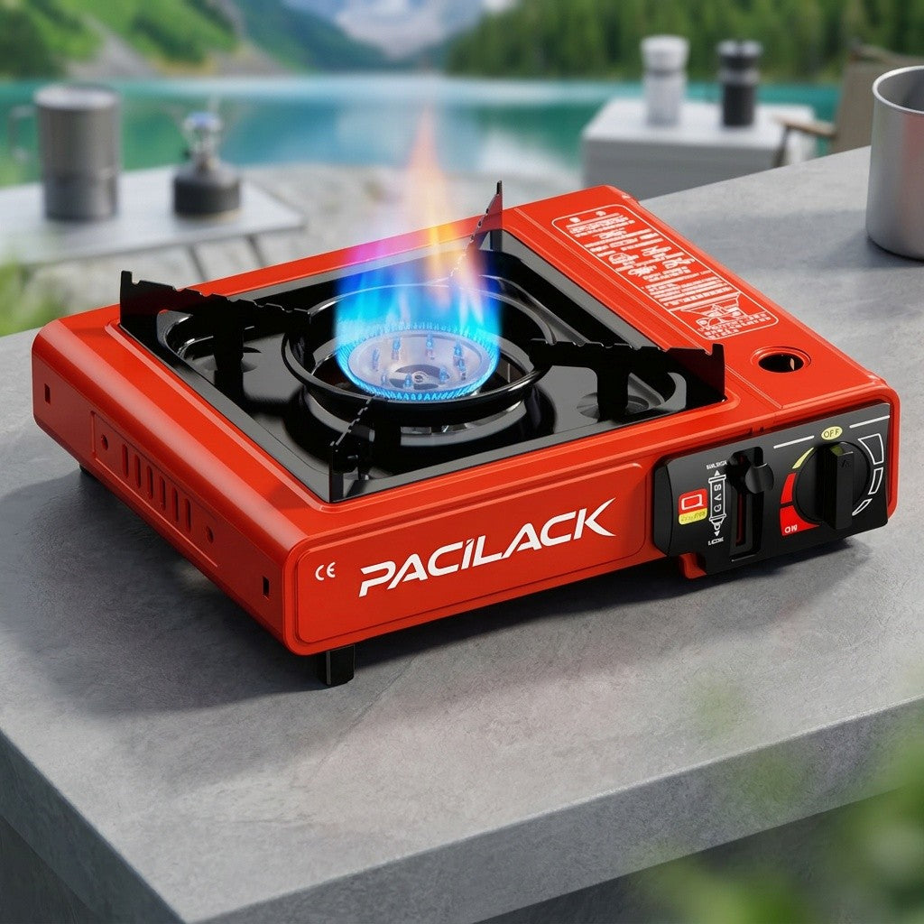 Butane Camping Stove with Windscreen and Carrying Case, Portable Outdoor Cooking Equipment for Campsite Meals and Tailgating in Black or Red