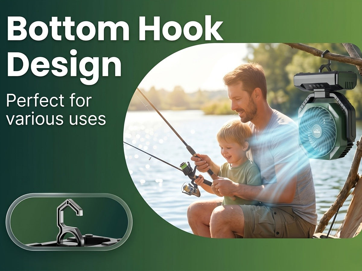 Rechargeable Tent Fan with 20000mAh Battery, Four Speeds, Remote Control and Hanging Hook for Camping, Beach Days and Outdoor Cooling