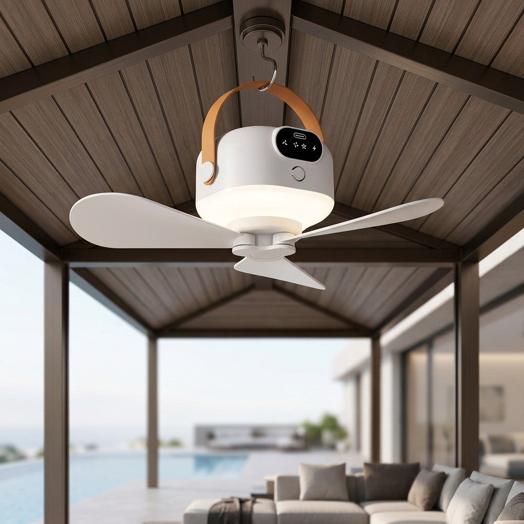 Tent Ceiling Fan with LED Illumination, Rechargeable Portable Camping Fan with 3 Removable Blades and 3 Speeds for RVs, Gazebos and Dorm Rooms