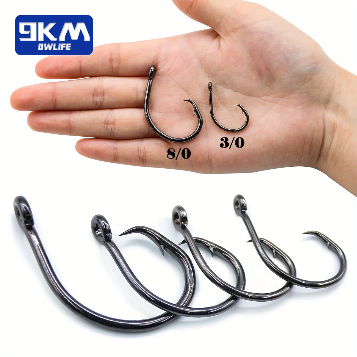 Circle Fishing Hooks 50-Pack by 9KM, High-Carbon Steel Inline Non-Offset Wide-Gap Bait Hooks in Selectable Sizes for Catfish, Bass and Saltwater Angling