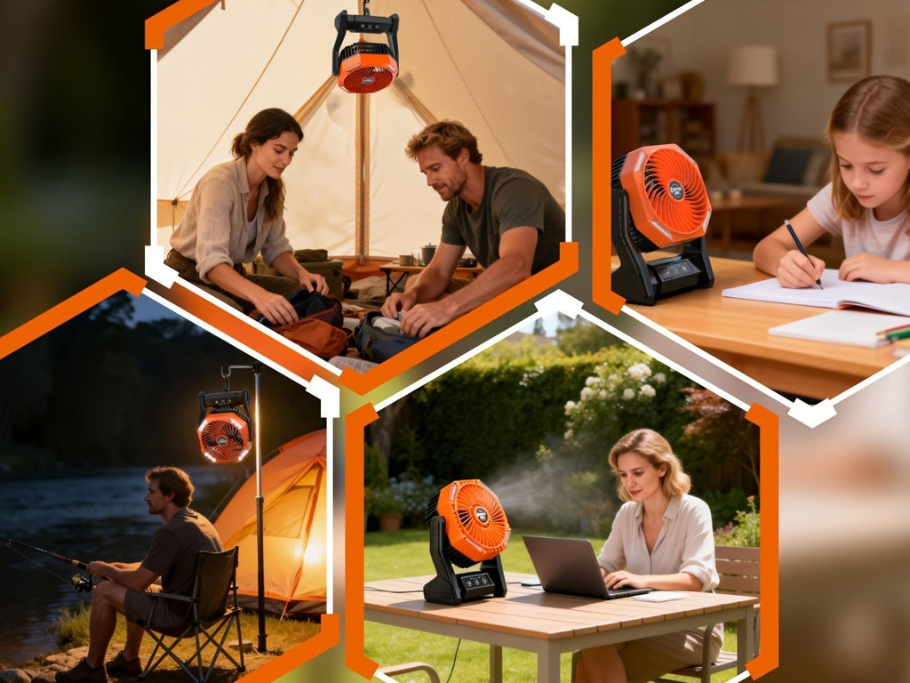 Portable Outdoor Desk Fan with LED Light, Camping Cooling Gear with Orange, Green, Black, Gray and Pink Color and Model Options