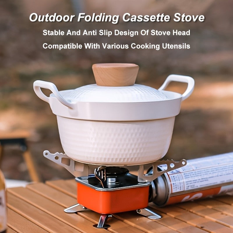 Mini Butane Camping Stove with Folding Supports and Adjustable Flame, Palm-Sized Red Portable Gas Burner for Hiking, Picnics and Outdoor Cooking