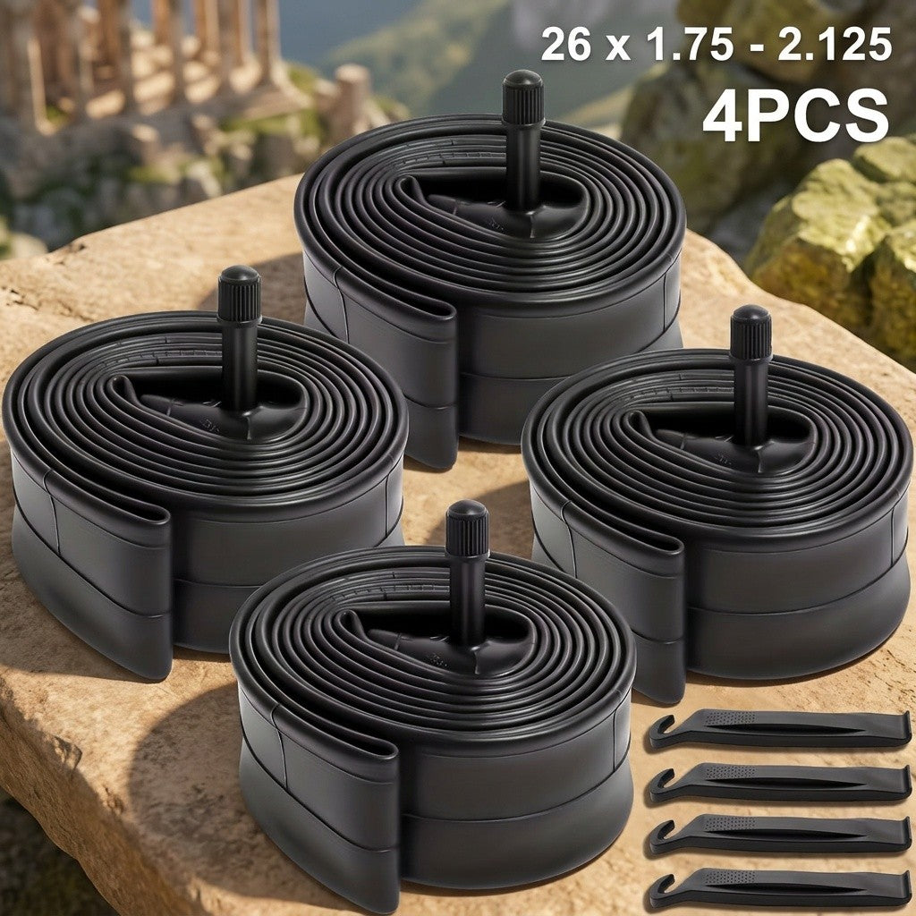 26 Inch Bike Inner Tubes 4-Pack, Butyl Rubber 26 x 1.75–2.125 with 32mm Schrader Valves and 2 Tire Levers for Mountain, Trail and Cruiser Bikes