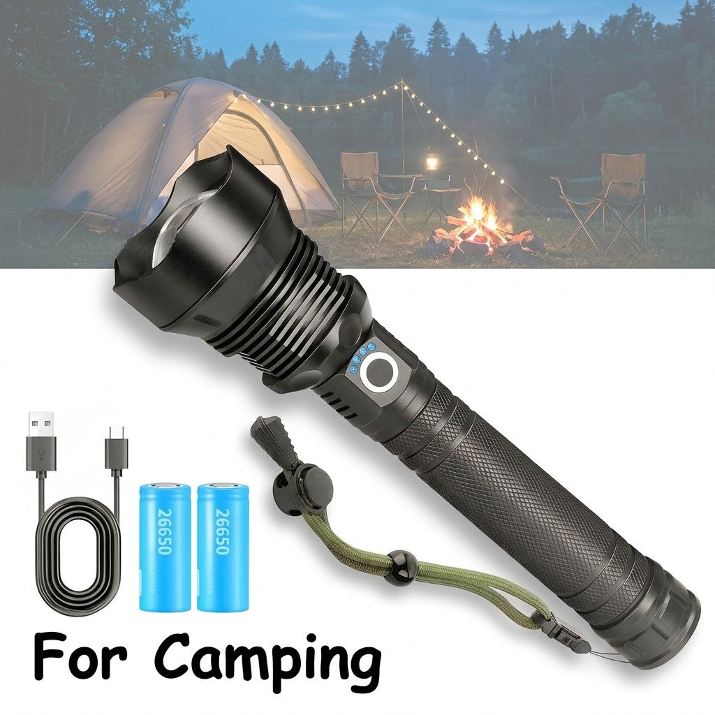 6000mAh Rechargeable LED Flashlight with Type-C Charging, Aluminum Alloy Tactical Work Light with Adjustable Spotlight and Floodlight Focus for Outdoor Tasks